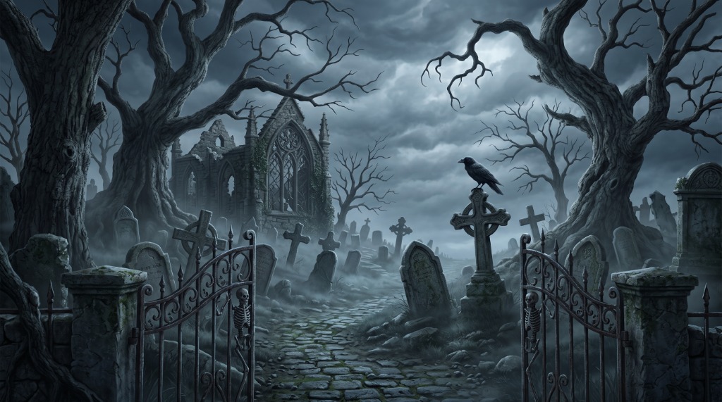 Atmospheric dark gothic graveyard background